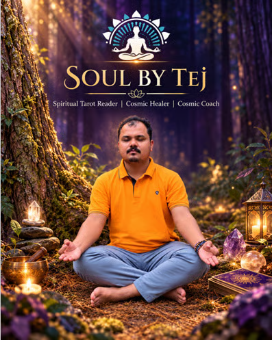 SoulByTej — Tejas Ganvit seated cross-legged in meditation, surrounded by tarot cards, crystals and candlelight